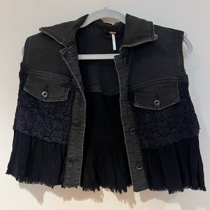 Free People Cropped Layered Lace Denim Vest